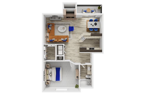 Floor plan for 1 bed, 1 bath, 748 sqft